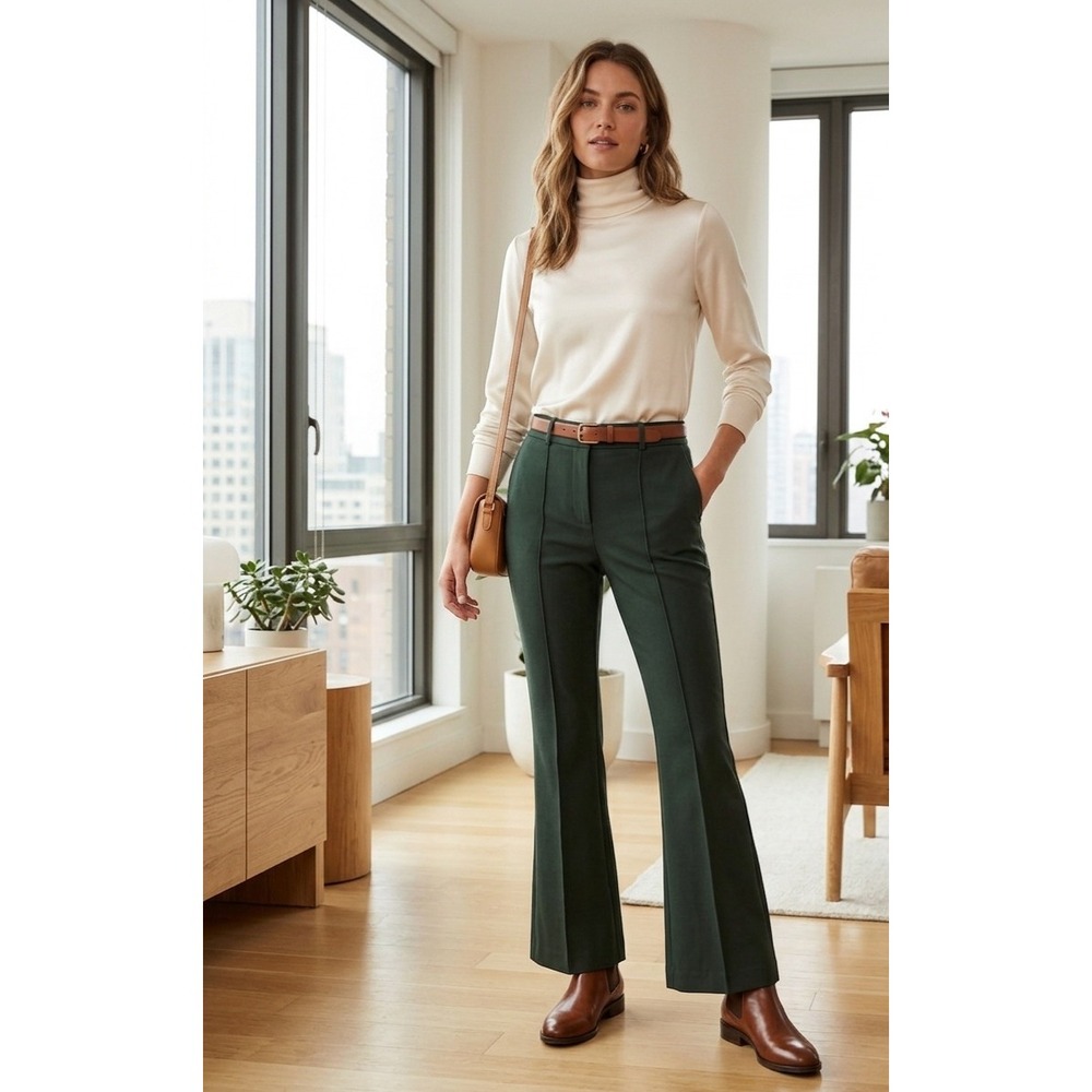 Mango MNG Green High Waisted‎ Kick Flare Trousers Side Zip Pants Size 4 NWT
